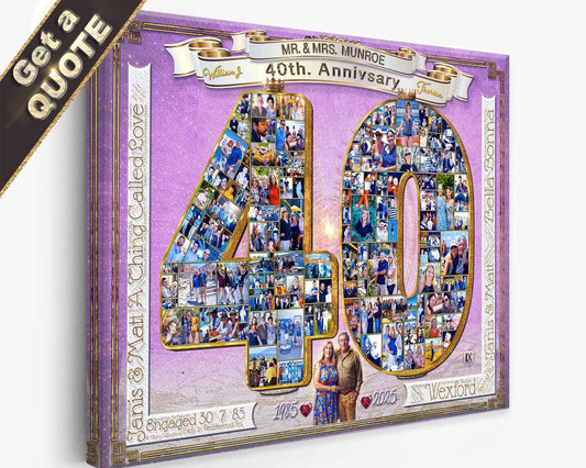 40th anniversary photo collage with personalized details on a purple background printed on giclee fine art materials.