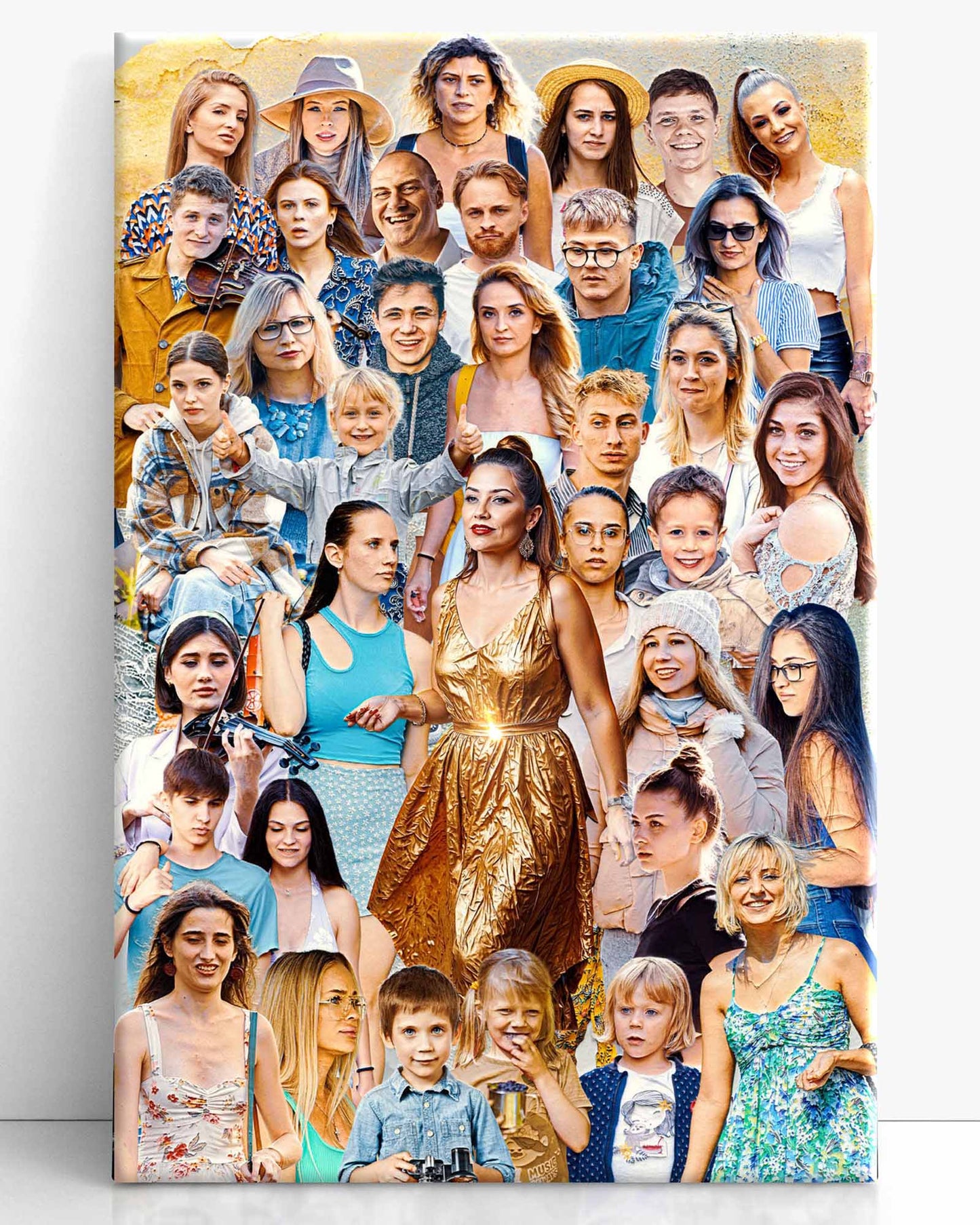 Art Montage of people with a woman in a gold dress in the center, on a canvas wrap with a quote banner
