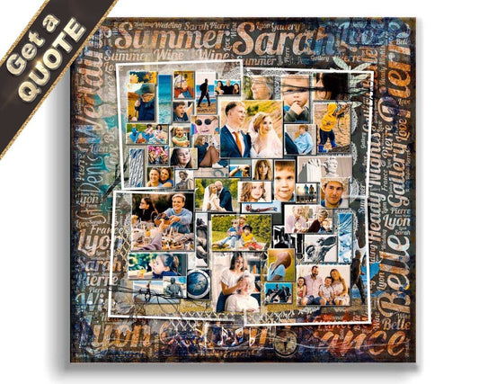 A medley of memories in a custom photo collage artwork featuring multiple images and text elements, with a grunge style mix of colors and a variety of fonts.
