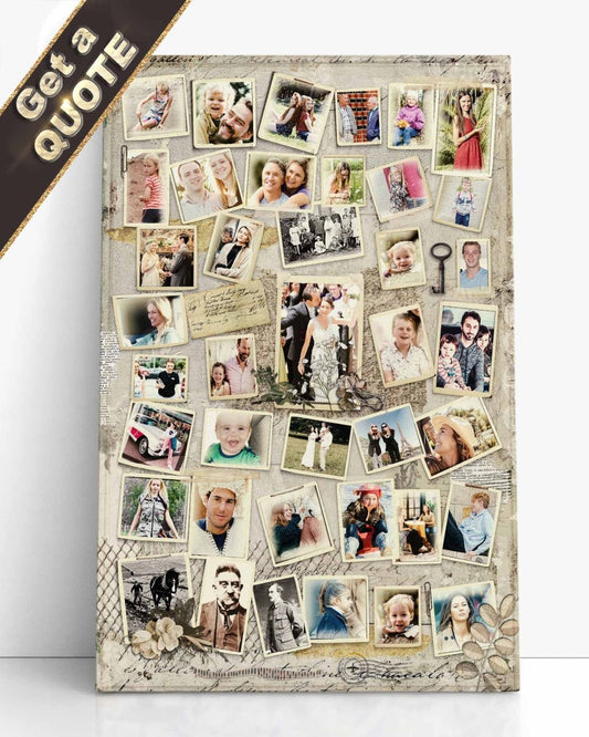 A custom family collage artwork featuring multiple photographs arranged in a larger frame with a vintage theme. Portrait style.