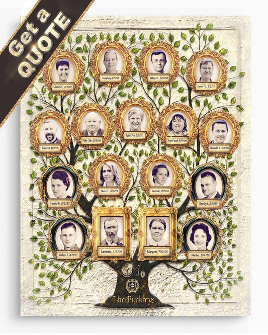 A classy exclusive family tree collage featuring multiple framed photos of individuals arranged in a tree-like structure, printed in a canvas wrap.