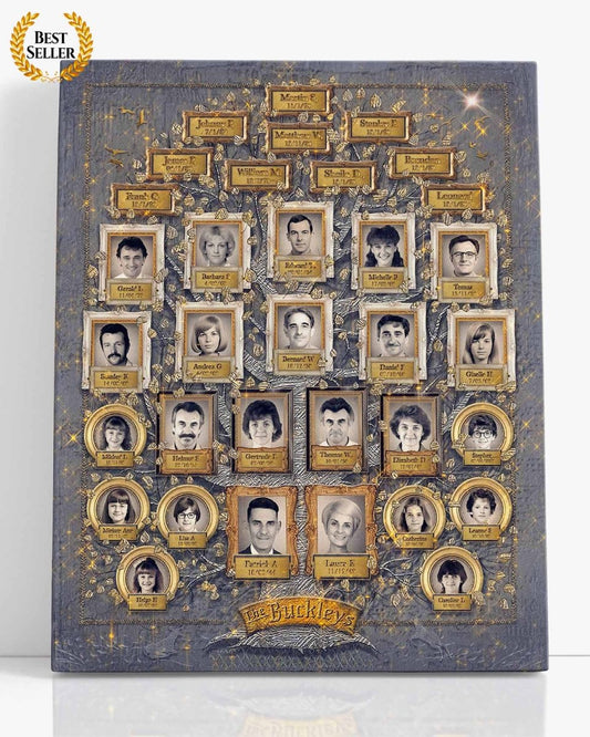 A large custom family tree photo collage print with multiple framed images of individuals arranged in a tree-like structure, with a decorative background.