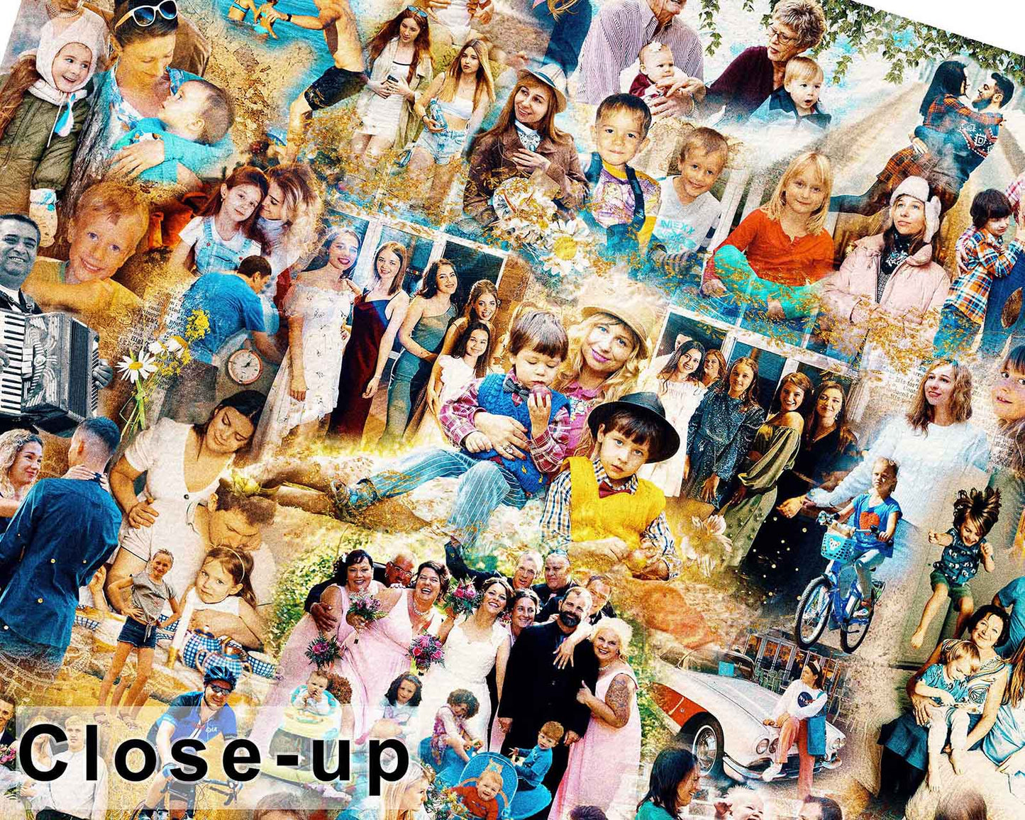 A hand arranged montage of various photographs, featuring multiple generations and settings, presented in a colorful composite image. Close-up excerpt.