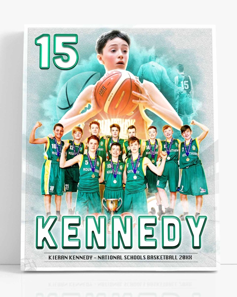 Custom Sports Collage of a Basketball poster featuring a player holding a ball with a team in the background, and the name 'Kennedy' at the bottom.