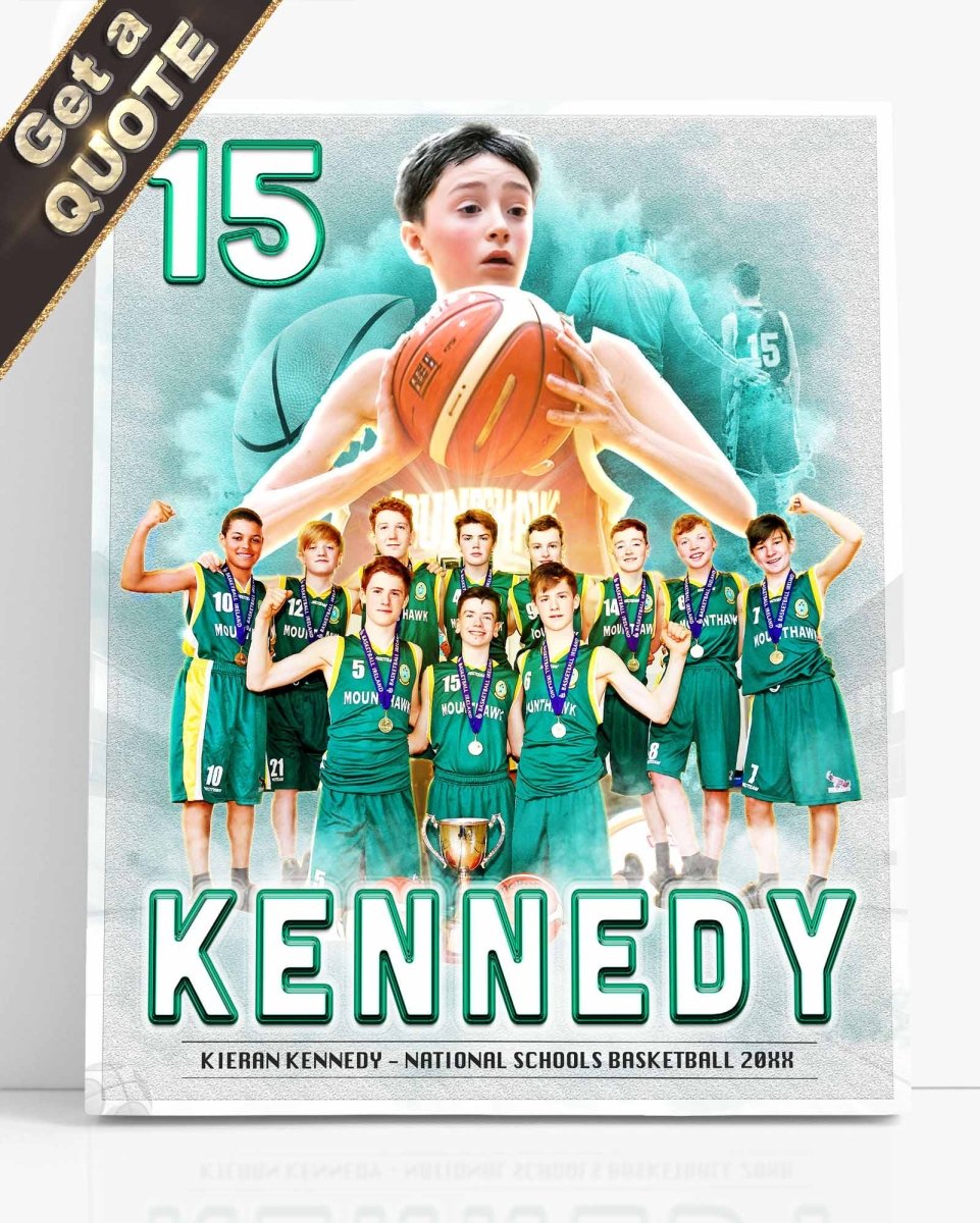 Custom Sports Collage of a Basketball poster featuring a player holding a ball with a team in the background, and the name 'Kennedy' at the bottom.