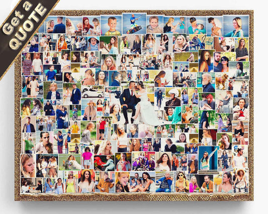 A classic grid-style custom photo collage featuring multiple images arranged in a rectangular frame, with a textured fabric border. Hand-made Print.
