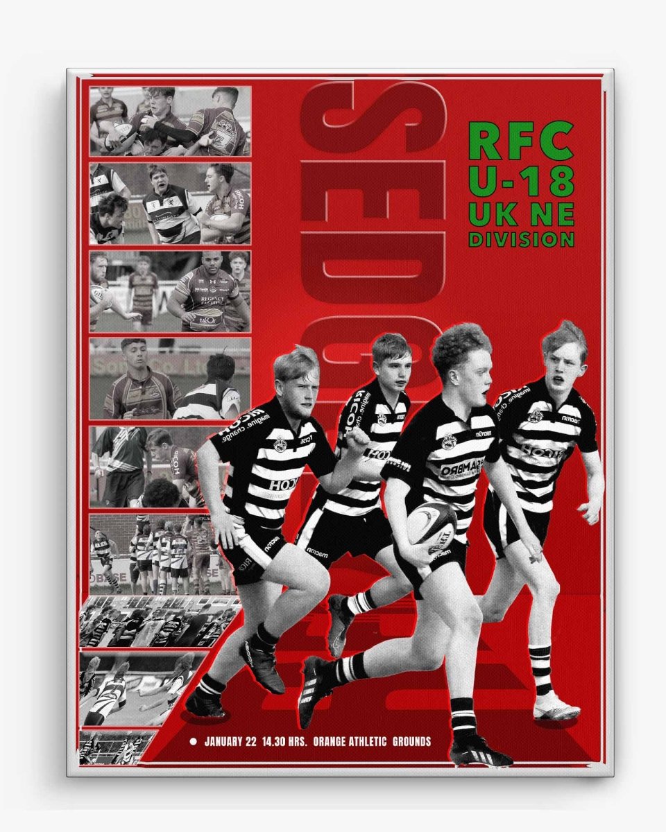 Promotional poster for RFC  Division event with players  and  a collage of images on a red background in great  action shot.