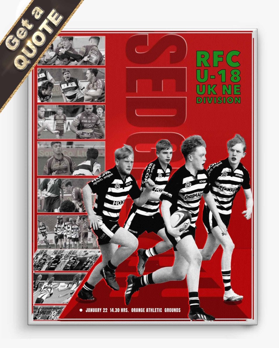 Promotional poster for Rugby Divisional event with players  and  a collage of images on a red background in great  action shot printed in canvas wrap.