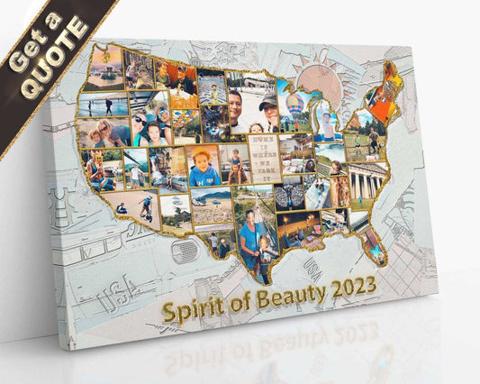 A custom photo collage designed in the shape of the map of the USA, with various images and a text overlay reading 'Spirit of Beauty 2023'.