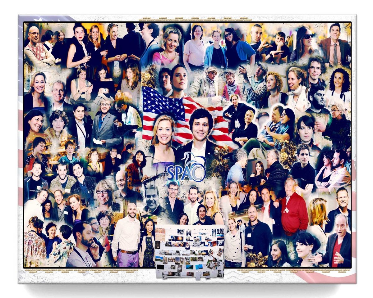 A custom business photo collage featuring various individuals, with a prominent American flag and a company event 'SPC' logo, at a business convention.