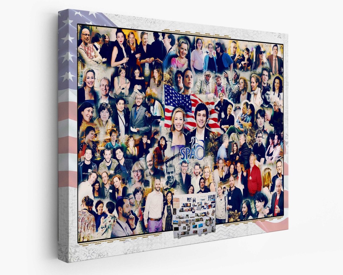 A custom business photo collage featuring various individuals, with a prominent American flag and a company event 'SPC' logo, at a business convention.