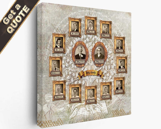 A custom family tree collage print with multiple framed portraits of family members arranged in a circular pattern on a textured background.