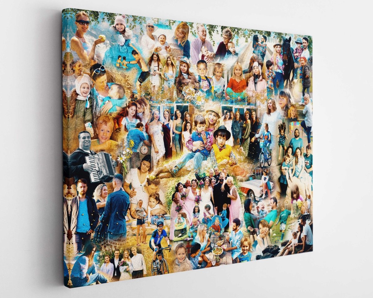 A hand arranged montage of various photographs, featuring multiple generations and settings, presented in a colorful composite image. Side-view.