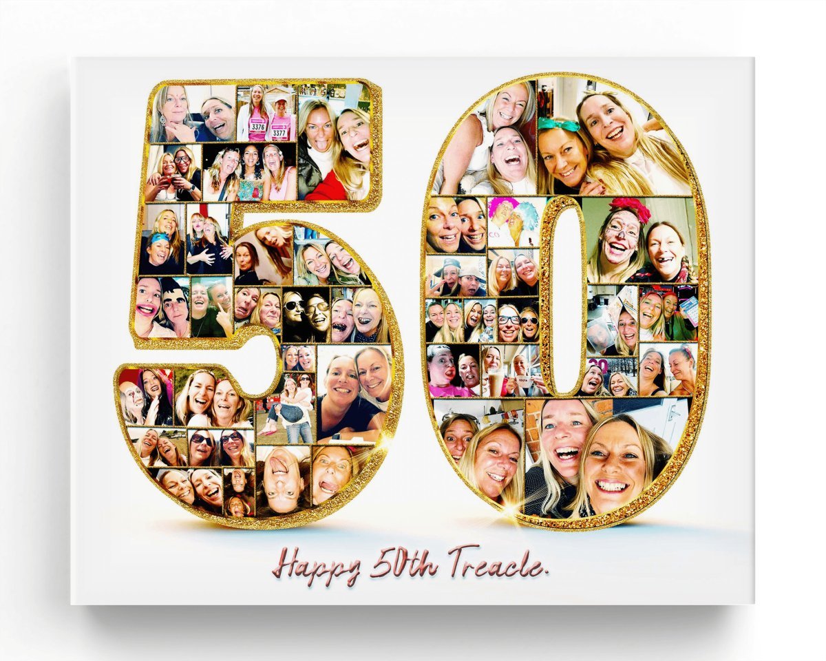 A happy birthday custom photo collage in the shape of the number 50, with multiple images of people, titled 'Happy 50th Birthday.' In a Instagram style.