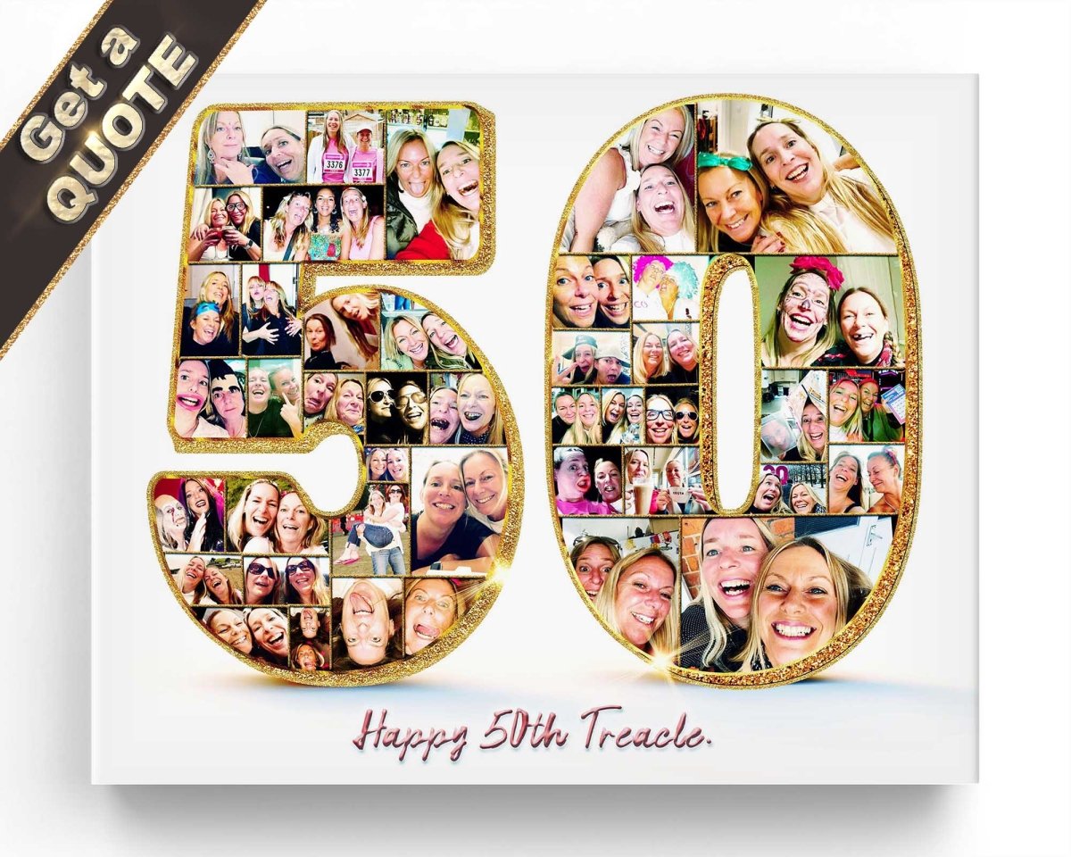 A happy birthday custom photo collage in the shape of the number 50, with multiple images of people, titled 'Happy 50th Birthday.' In a Instagram style.