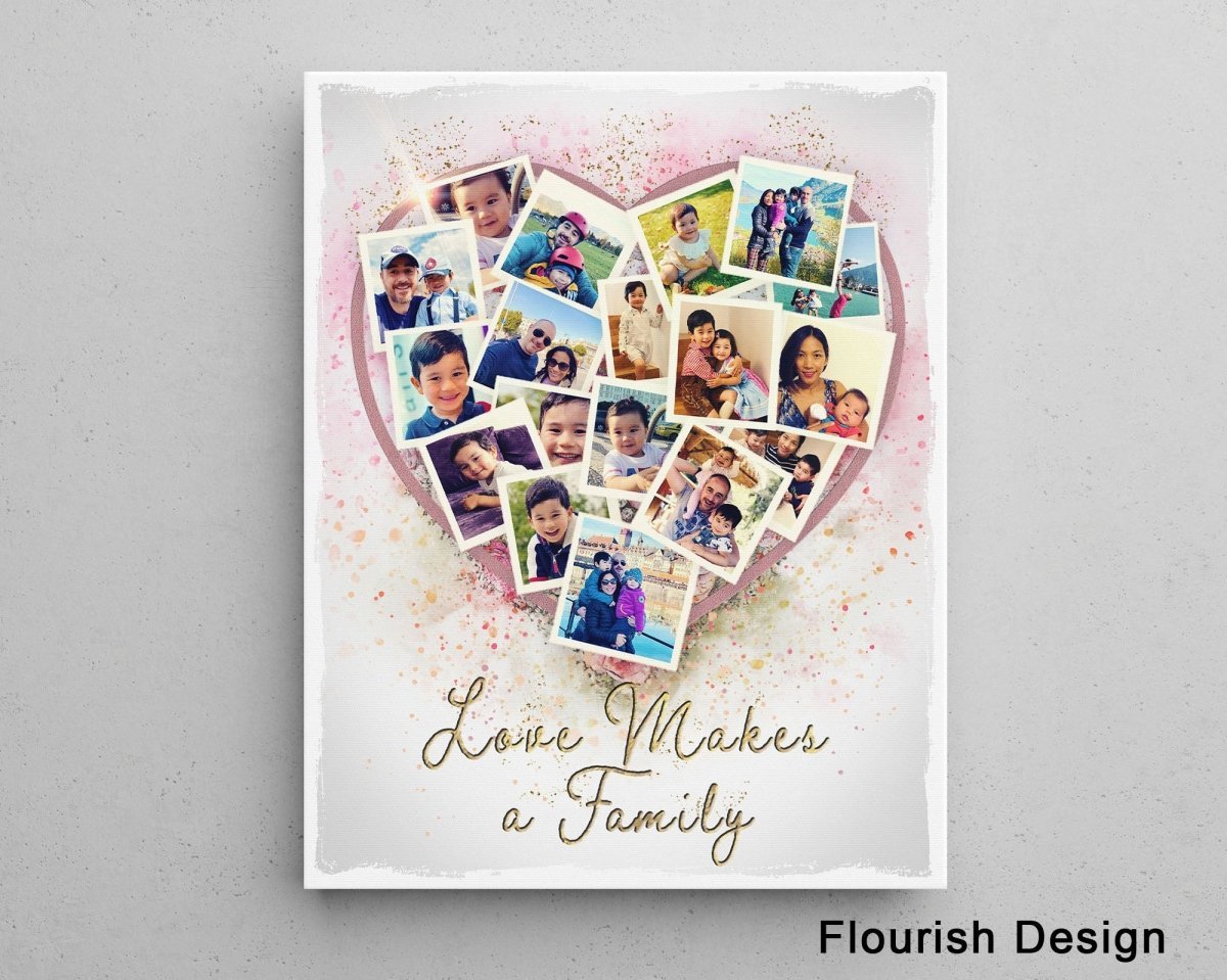 A custom photo collage in the shape of a heart, featuring multiple smaller photos of people, with a golden heart background and white text reading 'Together we make a family'. Family version.