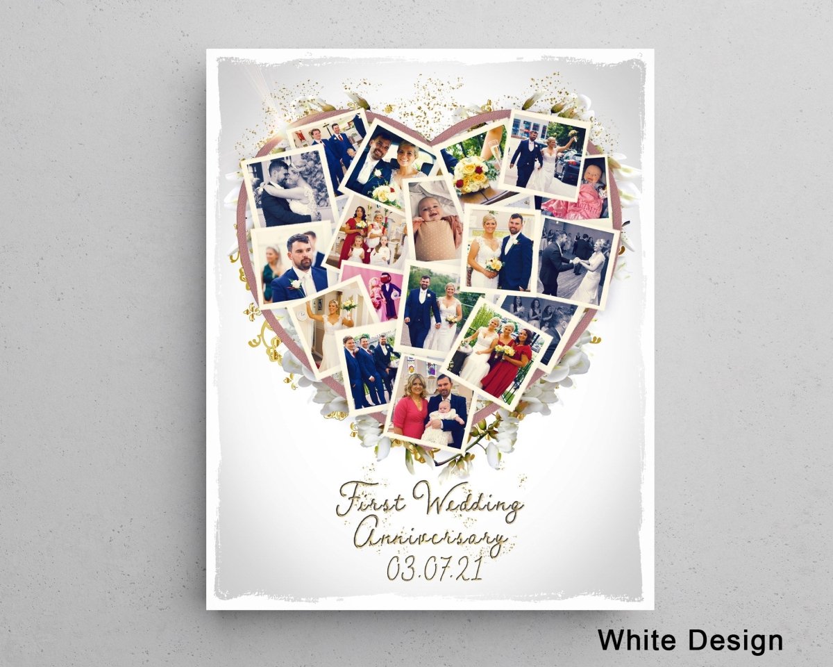 A custom photo collage in the shape of a heart, featuring multiple smaller photos of people, with a golden heart background and white text reading 'Together we make a family'. Wedding version.