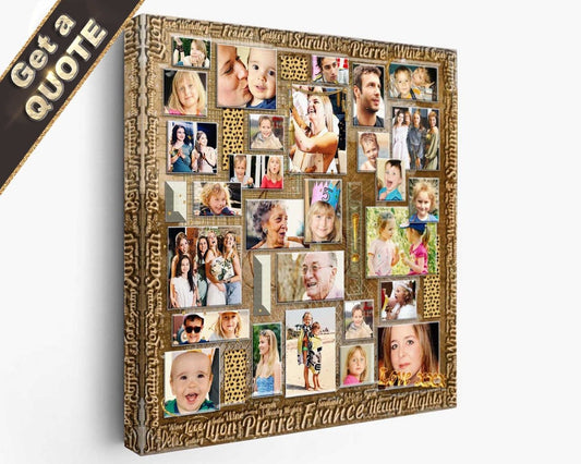 A personalized photo collage wall art featuring multiple images in a gold-colored composition with decorative elements and a custom typographical design.