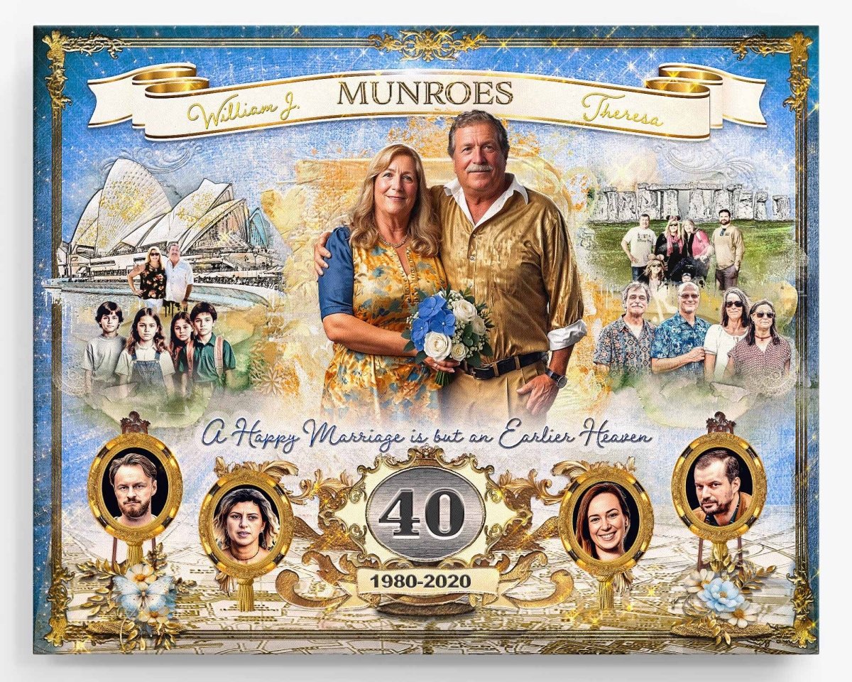 Personalized anniversary print with couple's photo and family members in a customised decorative composition pfrinted in canvas wrap.