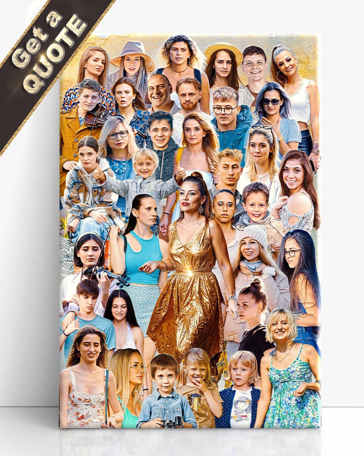 Art Montage of people with a woman in a gold dress in the center, on a canvas wrap