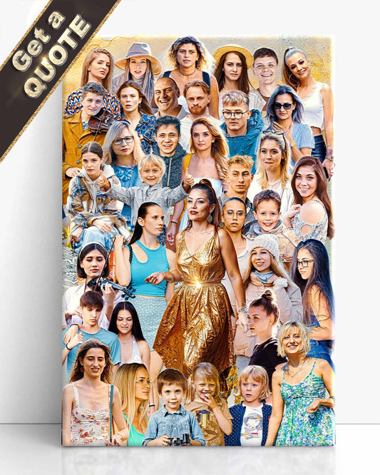 Art Montage of people with a woman in a gold dress in the center, on a canvas wrap