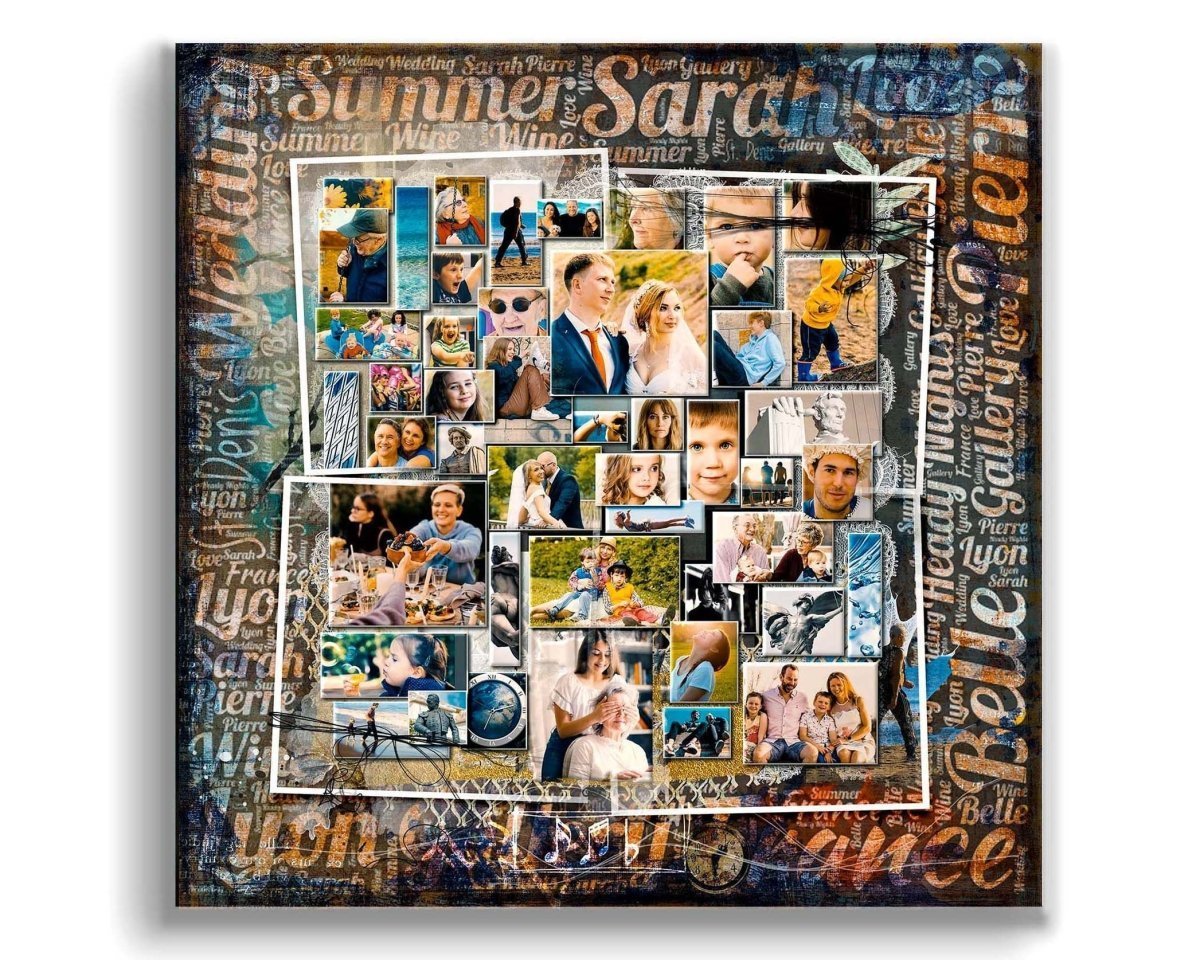 A medley of memories in a custom photo collage artwork featuring multiple images and text elements, with a grunge style mix of colors and a variety of fonts.