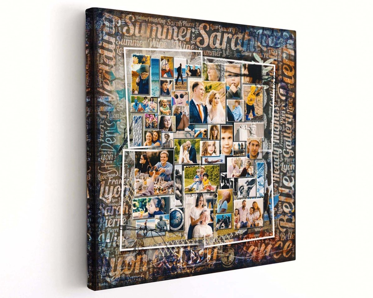 A medley of memories in a custom photo collage artwork featuring multiple images and text elements, with a grunge style mix of colors and a variety of fonts.