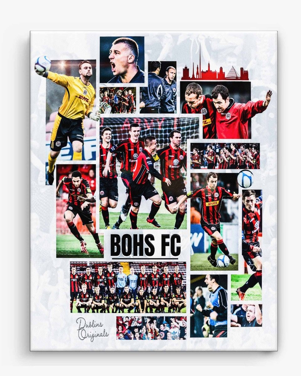 A custom sports photo collage featuring various images of a sports team, with a prominent team name 'BOHS FC' at the top. The collage includes photographs of players in action, a crowd, and a cityscape. Printed in a canvas wrap.