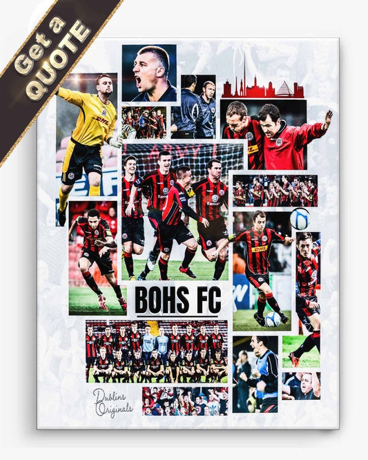 A custom sports photo collage featuring various images of a sports team, with a prominent team name 'BOHS FC' at the top. The collage includes photographs of players in action, a crowd, and a cityscape.