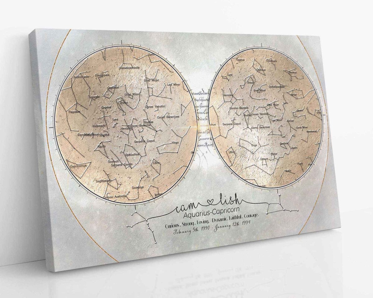 A gold themed designed custom star map depicting the alignment of stars and constellations with grid lines and numerical coordinates. Designed for couples in love.