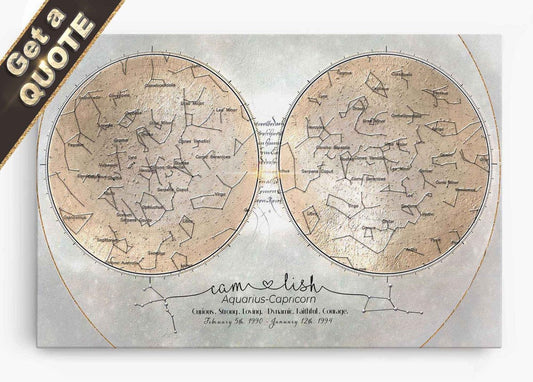 A highly designed custom star map depicting the alignment of stars and constellations with grid lines and numerical coordinates.