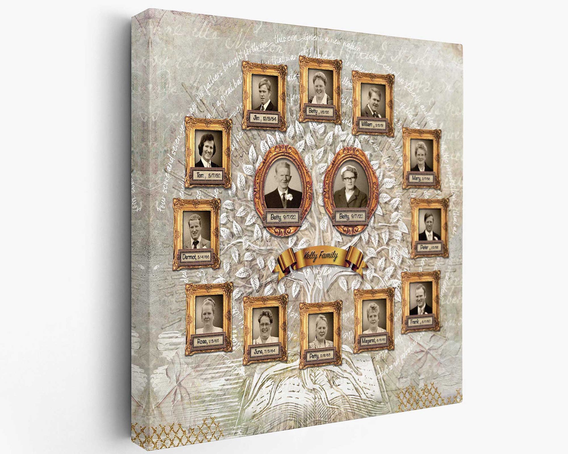 A custom family tree collage print with multiple framed portraits of family members arranged in a circular pattern on a textured background.