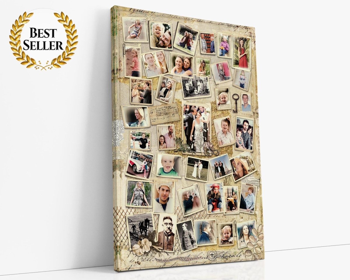 A sepia-themed custom family collage artwork featuring multiple photographs arranged in a larger frame with a vintage theme. Printed on canvas.