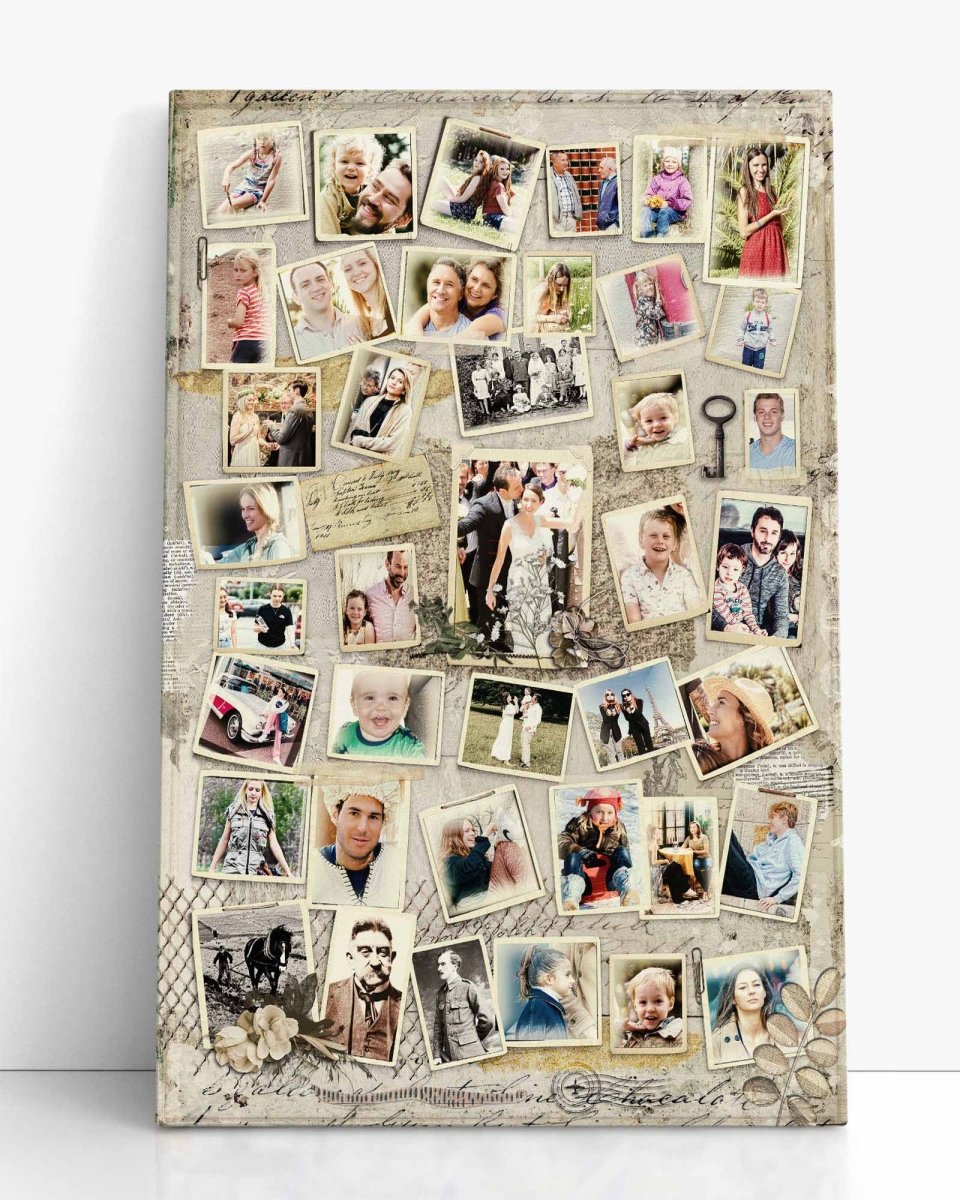 A custom family collage artwork featuring multiple photographs arranged in a larger frame with a vintage theme. Printed on canvas.