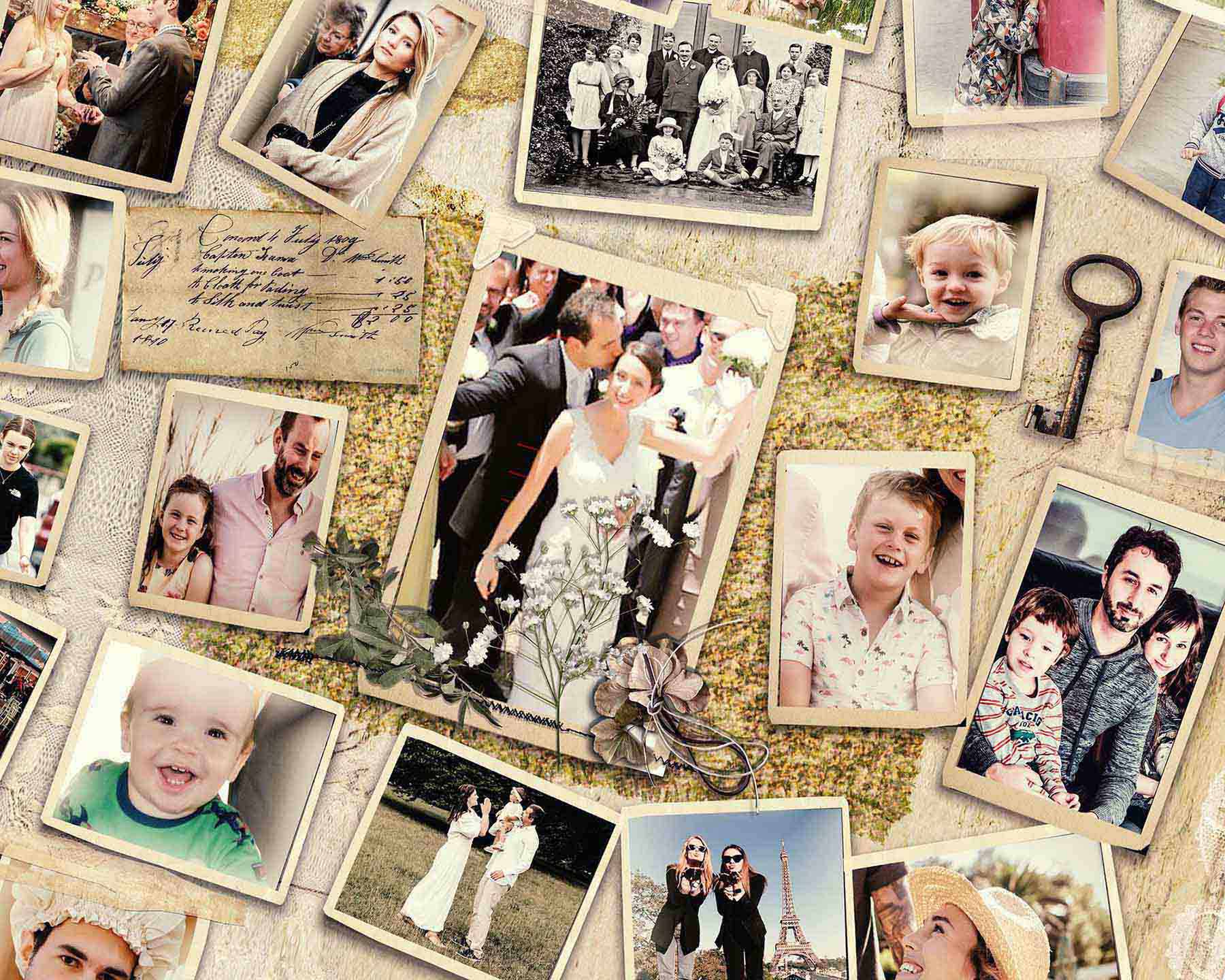A close-up of acustom family collage artwork featuring multiple photographs arranged in a larger frame with a vintage theme. Printed on canvas.