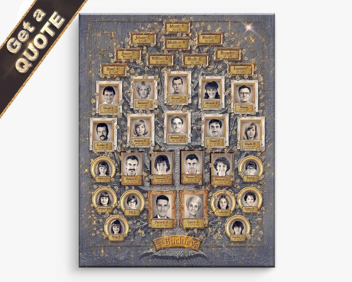 A large custom family tree photo collage print with multiple framed images of individuals arranged in a tree-like structure, with a decorative background.