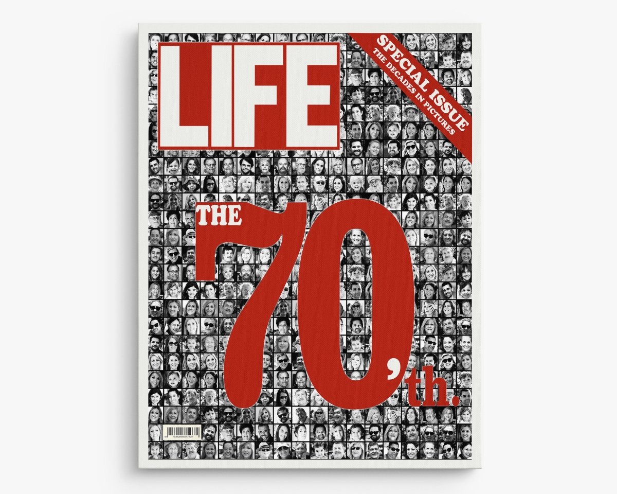 A promotional image featuring a collage of black and white photos with a prominent red text overlay stating '70', indicative of a custom photo collage service offered by LIFE Mag.