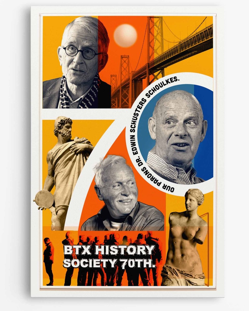 Classy promotional photo collage for a History Society celebrating its 70th with images of people and text. Printed on canvas.