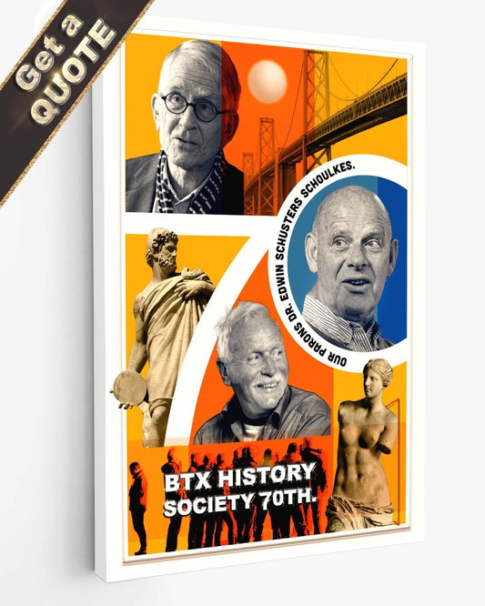 Classy promotional photo collage for a History Society celebrating its 70th with images of people and text.