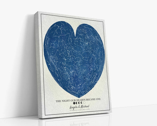 A framed Heart Star Map with a blue heart-shaped constellation design on a white background, with text underneath the heart.