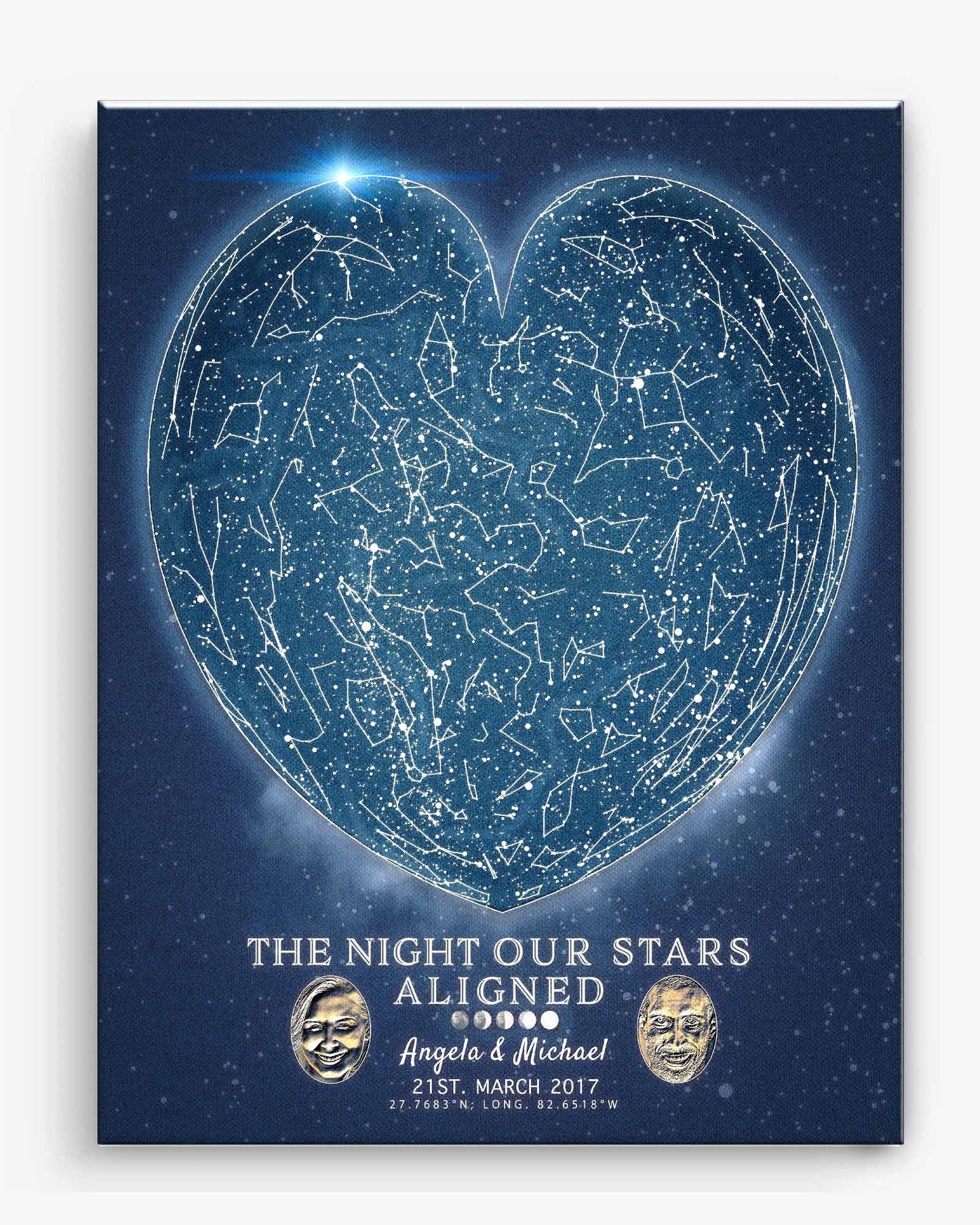 Heart-shaped star map with personalized details on a blue background