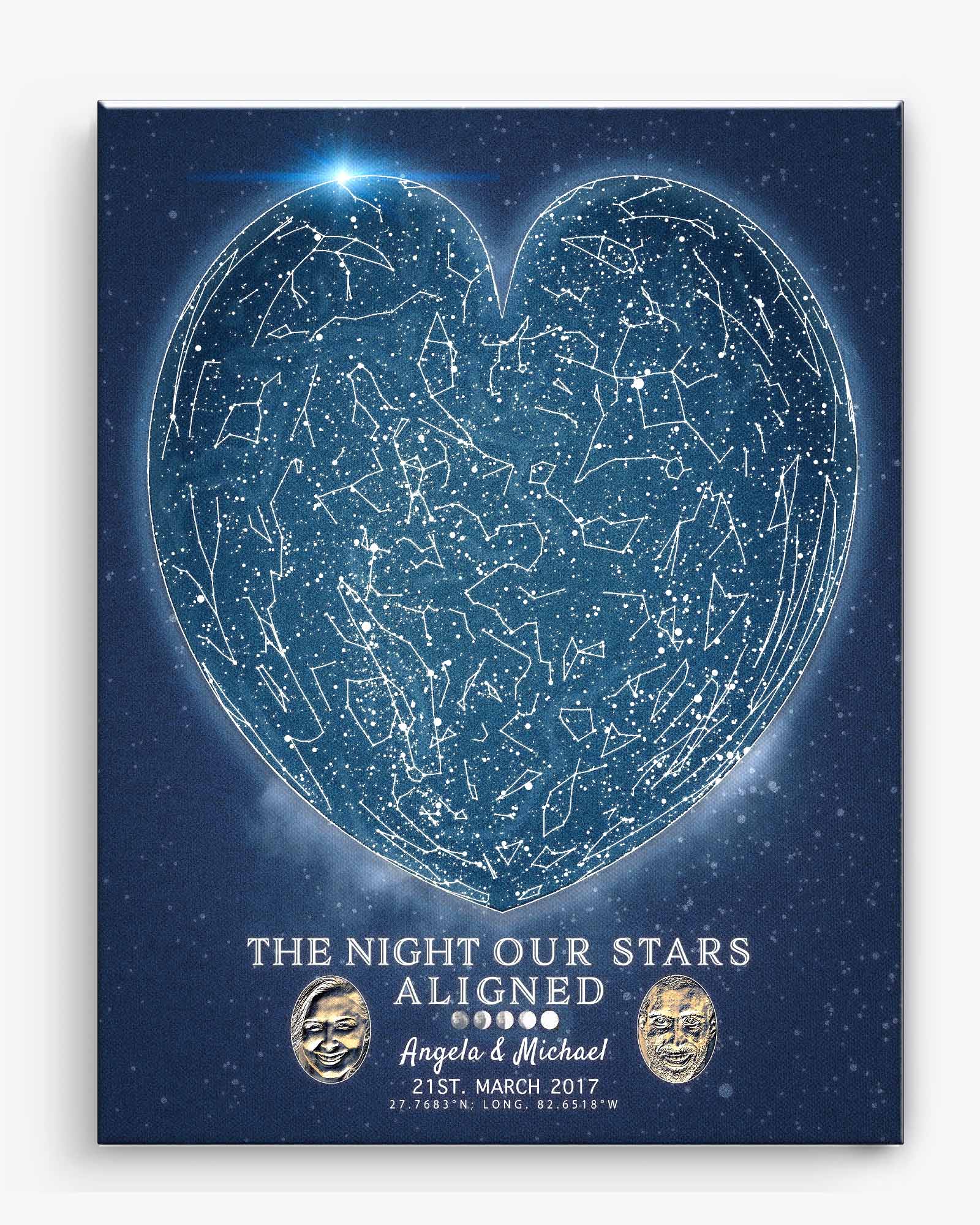 Heart-shaped star map with personalized details on a blue background