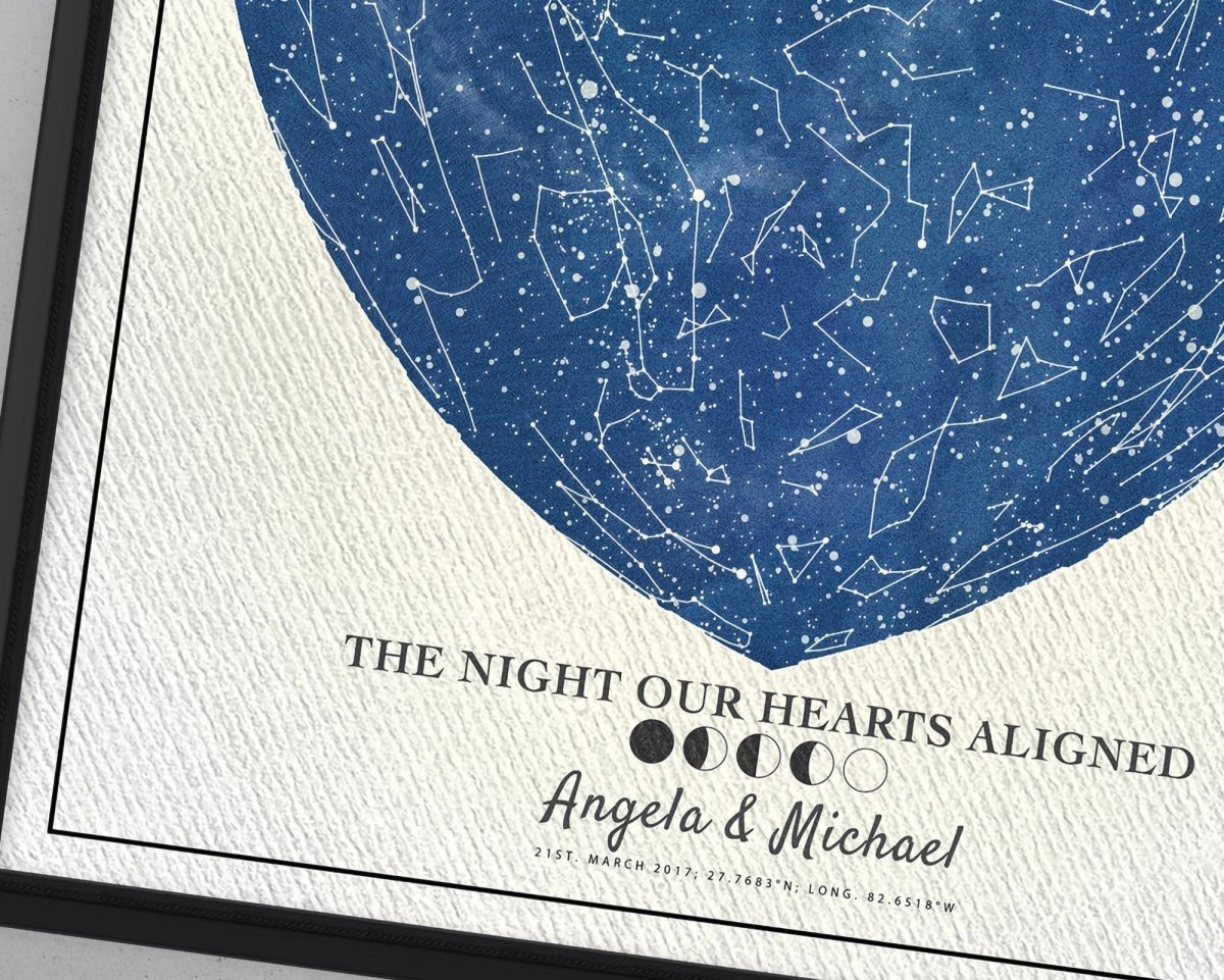 A framed Heart Star Map with a blue heart-shaped constellation design on a white background, with text underneath the heart. Close-up version.