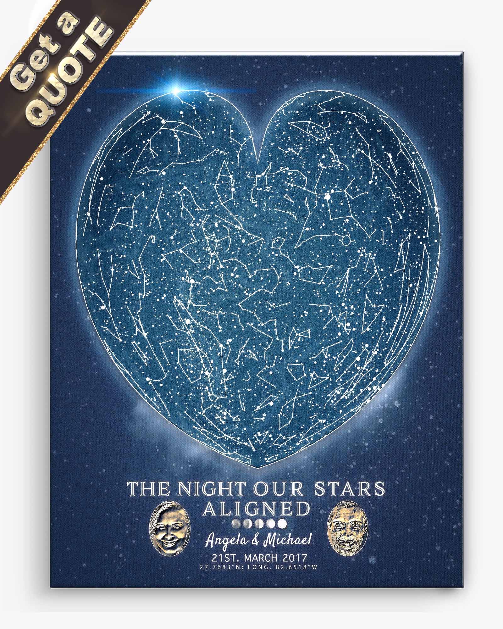 Heart-shaped star map with personalized details on a blue background