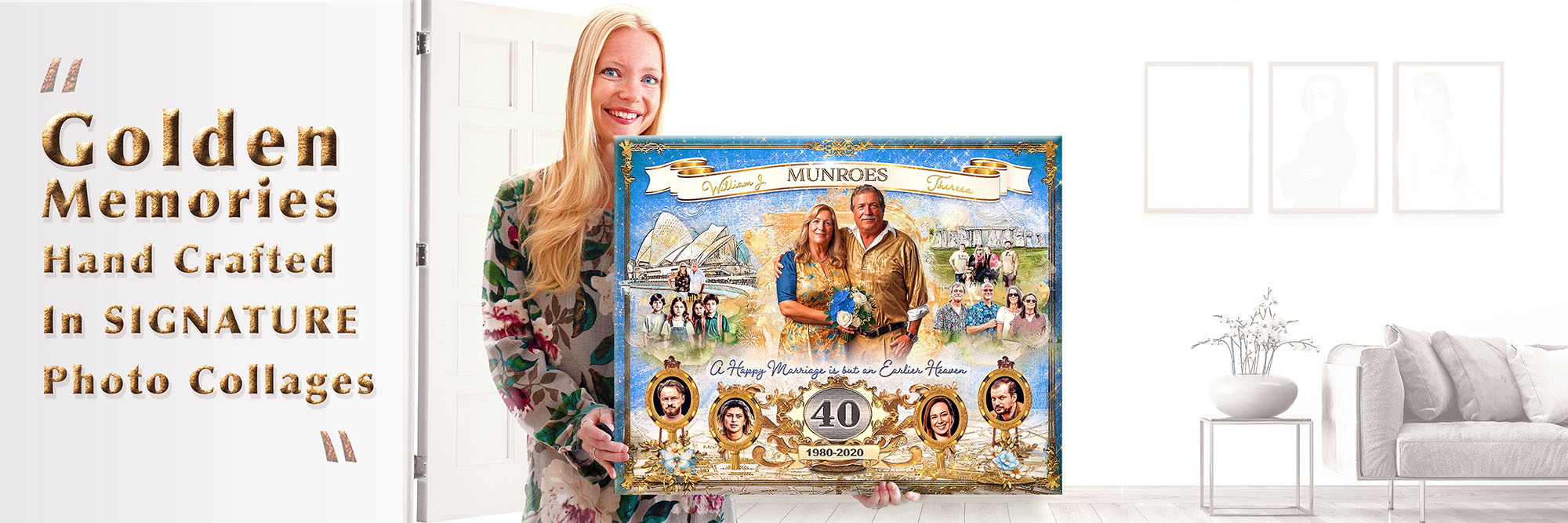 Woman holding a framed photo collage with text 'Golden Memories' and 'Hand Crafted in Signature Photo Collages'.