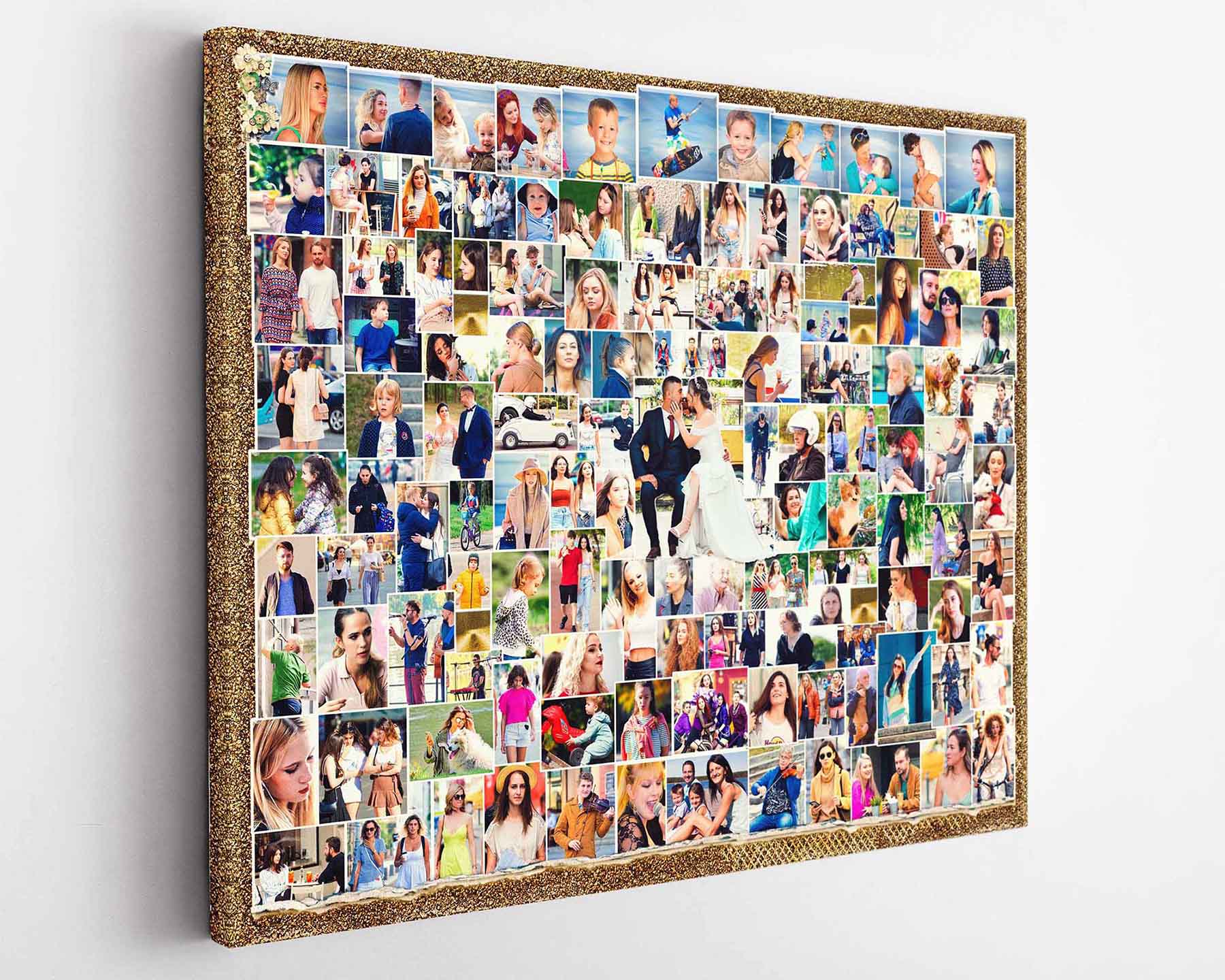 A classic grid-style custom photo collage featuring multiple images arranged in a rectangular frame, with a textured fabric border. Hand-made Print.