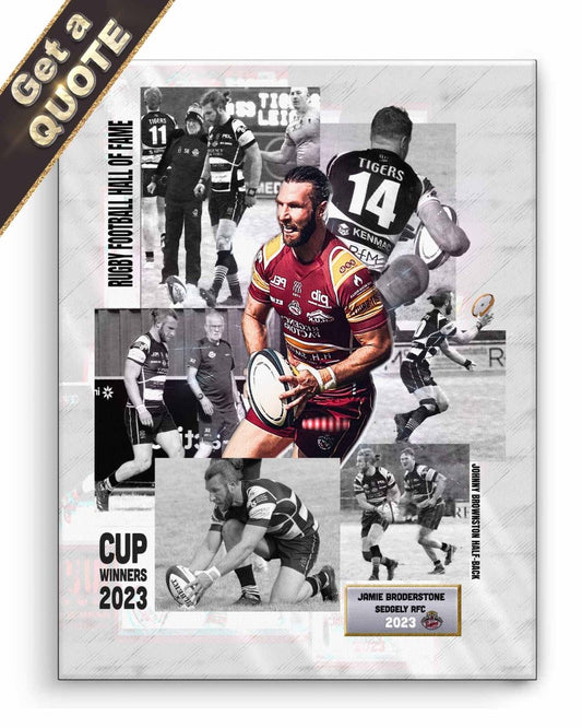 Collage of rugby players with a central focus on a player holding a rugby ball, set against a light gray background printed in a canvas wrap.