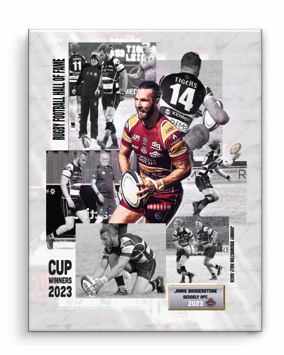 Collage of rugby players with a central focus on a player holding a rugby ball, set against a light gray background.