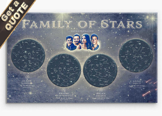 A custom star map titled 'Family of Stars' showing personalized constellations with names, intended as a personalized gift.