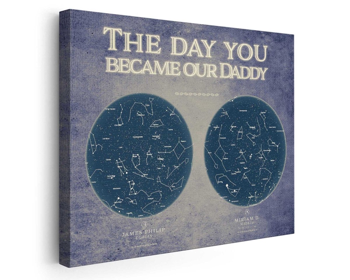 A custom star map titled 'The Day You Became Our Daddy' showing personalized constellations with names, intended as a personalized gift.